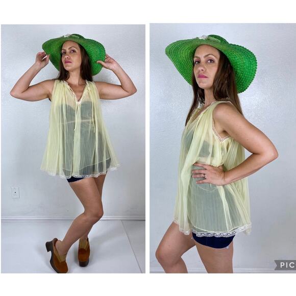 vintage 60s Pastel Yellow PLEATED FLOATY CAMISOLE Sm/Med/Lg sheer lingerie slip - Picture 3 of 10